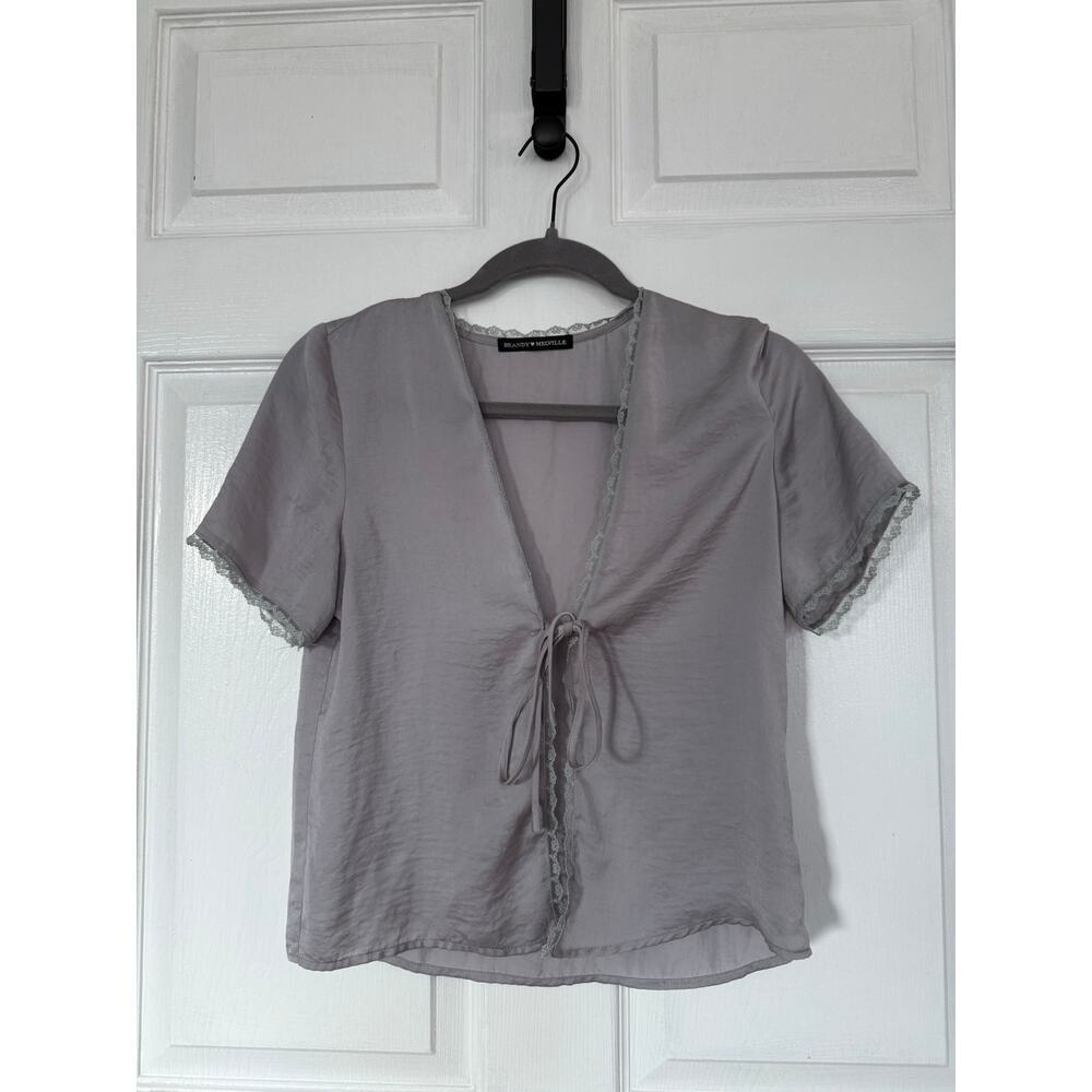 Brandy Melville Leesa Silky Top - Grey Satin Tie-Front Lace Blouse